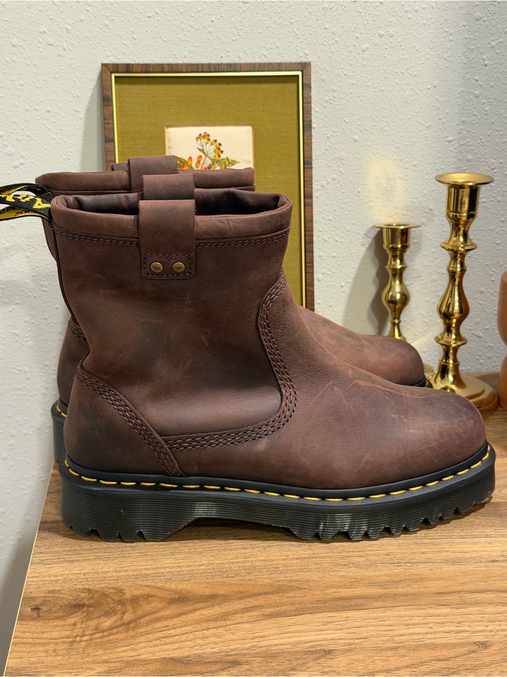 Dr. Martens Men’s 8 Dark Brown Burnished Waxy Anistone Lo Leather Biker Boots
